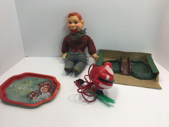 Vintage HOWDY DOODY doll, lighted blow mold Santa on skis, PLASTICVILLE HO scale bridge/pond, small