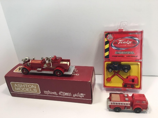 ASHTON firetruck (HARRISBURG 1921 Piston Pumper), TONKA steam shovel/1956 pick up, HUBLEY Tiny Toy