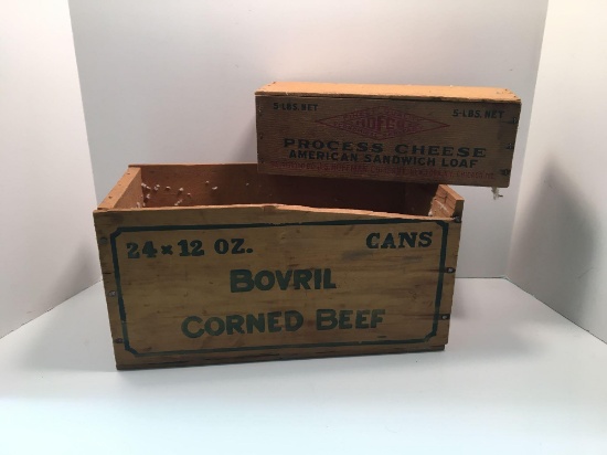 Vintage wood crates: Bovril Corned Beef, HOFCO process cheese American sandwich loaf