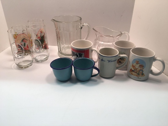 Norman Rockwell coffee mugs, Coca- Cola glasses, Votes for Women mug, tin cups, more
