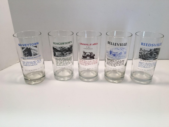 Set of 5 Mifflin Co. town glasses: McVeytown, Belleville, Reedsville, Granville Area