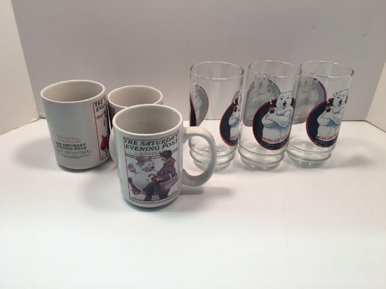 Norman Rockwell The Saturday Evening Post mugs, Coca-Cola glasses