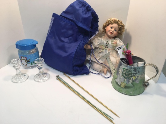 Knitting needles,porcelain doll,candlesticks,more