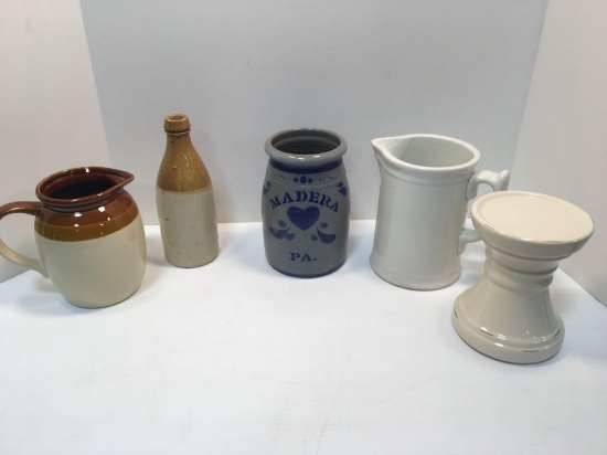 Stoneware crock(Madera Pa), stoneware bottle,pitcher,ironstone pitcher,more