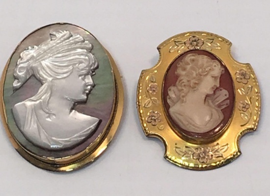 2-Cameo brooches, one marked 750, one marked 12k, gold???