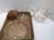 2- PYREX pie pans,glass pitcher/glass stir rod,glass centerpiece bowl,more