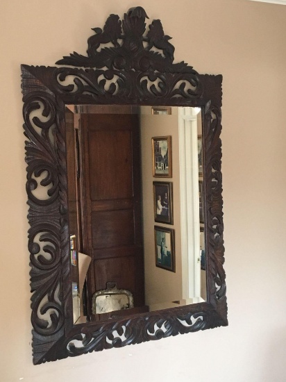 Antique oak framed beveled wall mirror