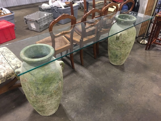 Glass top sofa table(2- pottery jugs/glasstop;very heavy)