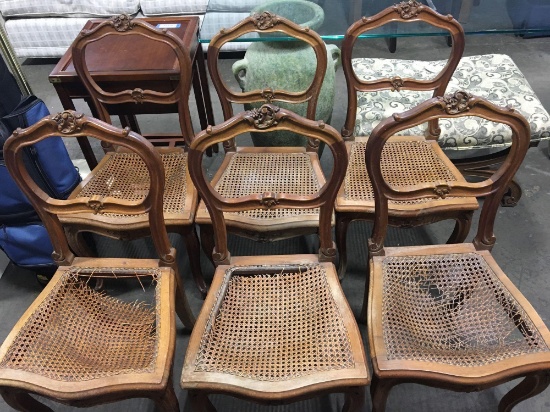 6- matching vintage cane bottom chairs(some needs repaired)