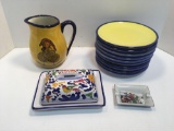 Plates,ashtray, hand painted pitcher, handpainted covered butter dish