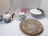Depression glass plate, serving plates, teapots, pitcher,cakestand, handled vase