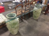 Glass top sofa table(2- pottery jugs/glasstop;very heavy)
