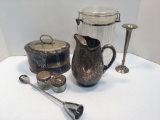 Silverplate lot (pitcher,glass jars/lids,dresser box/casket,more)
