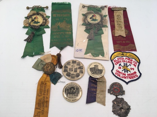 Antique Fireman parade/fair ribbons and pins