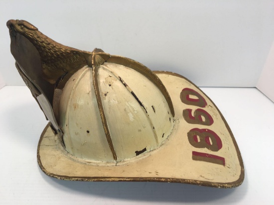 Antique leather fire helmet/metal front shield (GOODWILL FIRE CO)