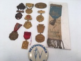 Antique fire parade and convention ribbons and pins, includes 1860 HARRISBURG GOODWILL 7, CHESTER PA
