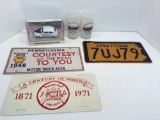 SHAMOKIN FIRE DEPT commemerative glasses,1940 license plate,die cast police car,2 license plates