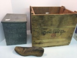 Vintage wooden shipping crate UNITED SHANK and FINDING, vintage insulated galvanized milk box