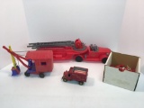 Plastic fire truck/action figures,plasric steam shovel,tin/litho circus truck