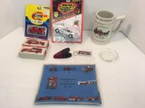 ALPHA stein,die cast police car,Mt Pleasent ashtray,fire truck Christmas ornaments,more