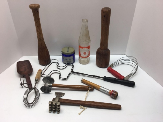 Vintage kitchen utensils,vintage soda bottle,NOXZEMA jar,more