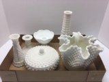 Milk glass vases, milk glass bowls, milk glass candlesticks