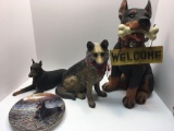 Ceramic dog statues, DANBERRY MINT decorative plate 