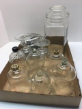 Candle globes, cookie jar, etched stemware, more