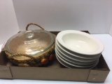 FIRE KING casserole dish/wicker basket, stoneware soup bowls