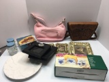 Porcelain table set (salt/pepper, sugar jar, napkin holder), purses, picture frames, more