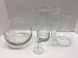 Etched glass vases and bell(1- cracked;photoed)