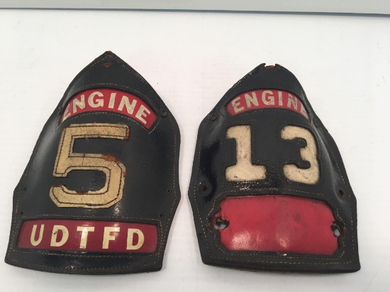 2 vintage leather fire helmet shields