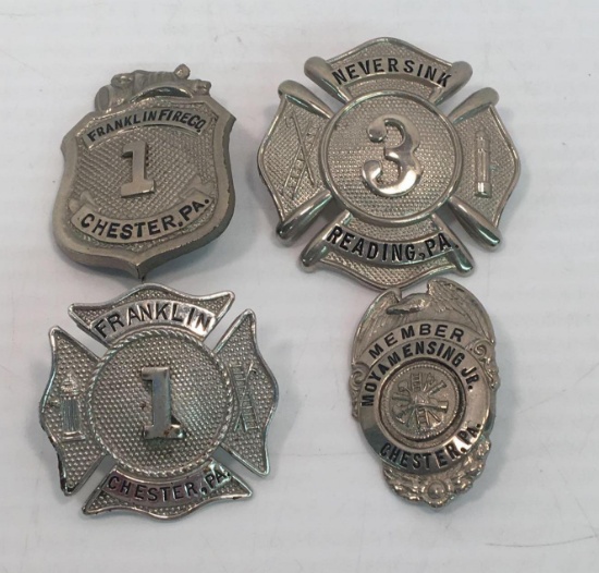 Firefighter pin back badges and hat badges, Chester and Reading PA