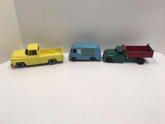 Vintage HUBLEY die cast dump truck,die cast TOOTSIETOY van,plastic pickup truck
