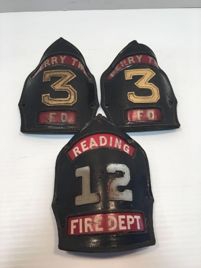 Vintage leather fire helmet front shields(PERRY TWP FD,READING FIRE DEPT)