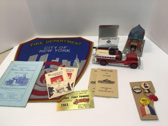 Vintage firefighter convention pins,ERTL die cast fire truck(ALPHA FD STATE COLLEGE)FDNY window
