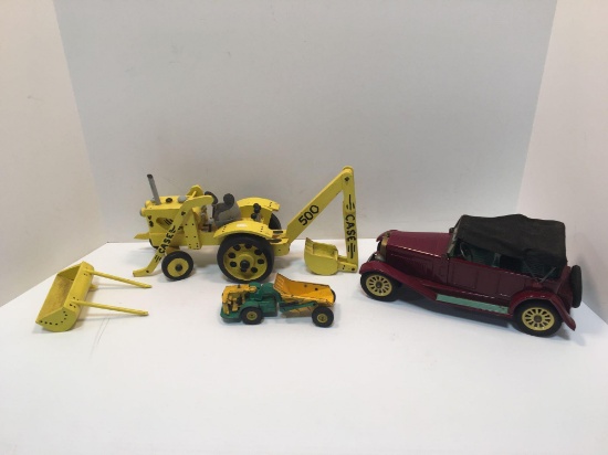 Handcrafted wooden backhoe(need repair),die cast earth mover,tin/litho car