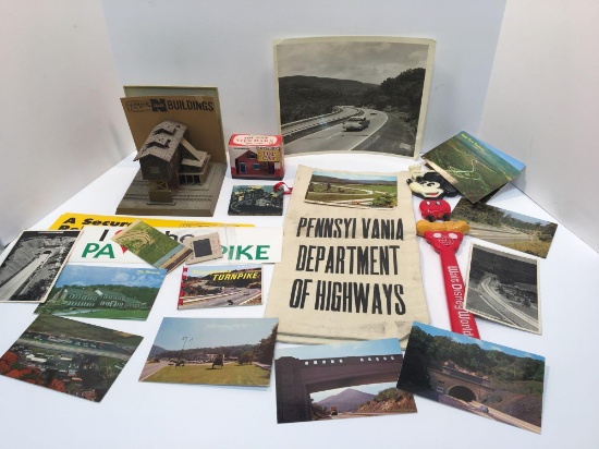 Pennsylvania turnpike postcards, Pennsylvania department of highways bag, more