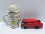 HUBLEY plastic(metal cab)fire truck,NEVERSIINK FIRE CO(Reading Pa) fire hydrant shaped mug