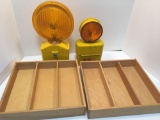 2 Transistorized lights, two wooden divided boxes