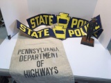 Pa State Police car stickers,statue,Pennsylvania Dept of Highways canvas bag