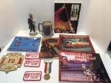 Firefighting themed lot(books,ashtray,pewter mug,decanter,metal sign,1965 convention badge,shoulder