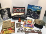 License plates, frames, and WY ad topper, vintage LP record, 45 records, MACK baseball hat