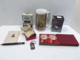 Pennsylvania Turnpike playing cards, Harrisburg 60th anniversary keychain, lighted slide viewer,