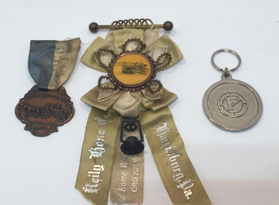Antique Harrisburg and Chester PA fire fighter convention ribbons, key chain
