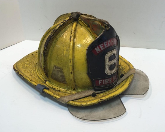 Vintage leather CAIRNS fire helmet/leather front shield(NEEDHAM 6 FIRE DEPT)
