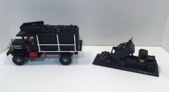 Handcrafted wooden model coal trucks