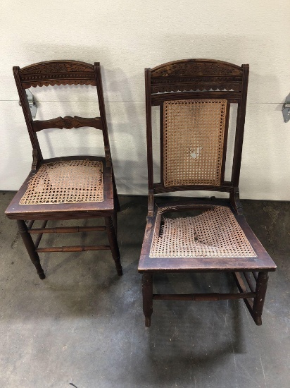 Antique cane bottom chairs(1- rocking;matches lot 18;caning needs repair)