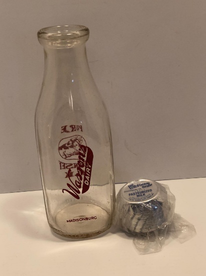 Vintage 1 quart milk bottle(WASSON'S DAIRY;Madisonburg Pa),caps for milk bottles(same dairy)