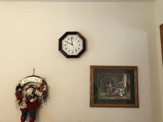 Wall clock,framed/matted picture,wall wreath